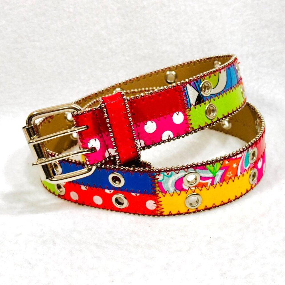Patchwork Double Grommet Belt w/Silver Hardware & Trim - Size M - VGC